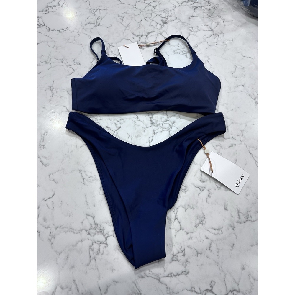 NWT Quince Deep Navy Italian Scoop Neck Bikini Top & High Leg Bottom Set Medium